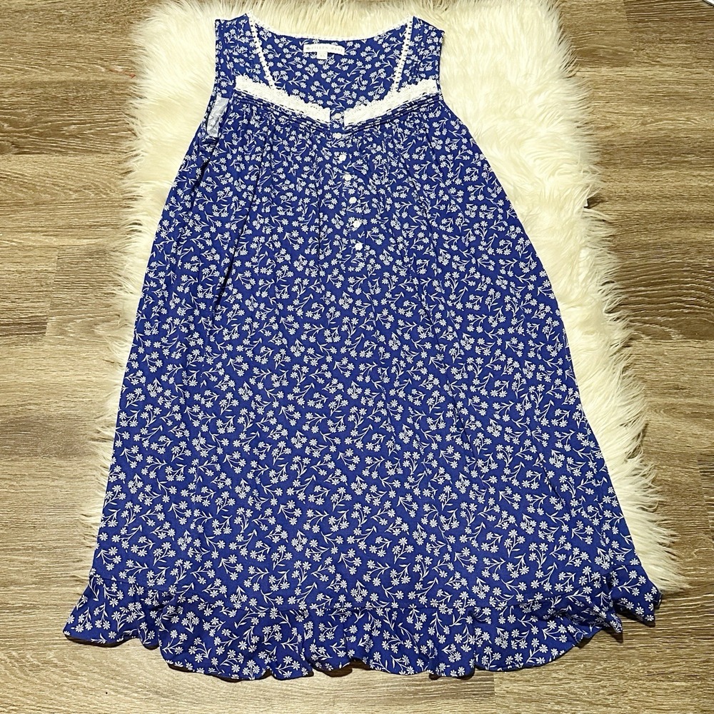 Eileen West Womens Nightgown Sleeveless Floral Daisies Blue Lace Trim Size XS